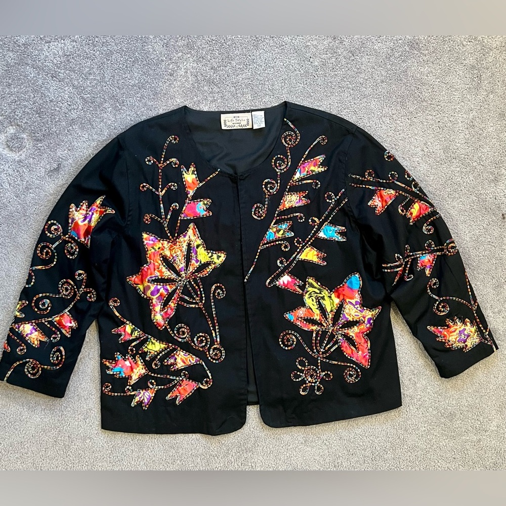 Life Style Women’s Blazer Jacket Black Multicolor Applique Lined Y2K Size 3X